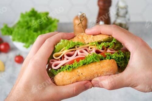 Preview: Sandwich. Man holding in his hands tasty sandwich with ham or bacon, cheese, tomatoes, lettuce and g