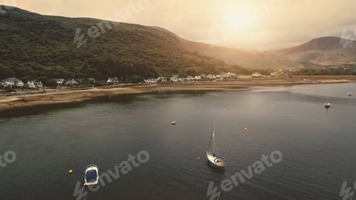Preview: Yacht, ships at sun ocean bay aerial. Ancient castle ruins at sea shore. Nobody nature seascape