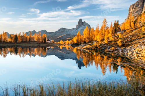 Preview: Picturesque view on Federa Lake in sunrise time