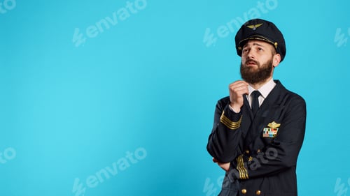 Visualização: Male aviator in uniform thinking about solution