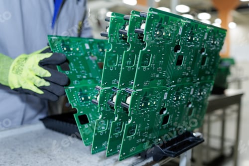 Preview: Worker handling green printed circuit board panels at electronics factory