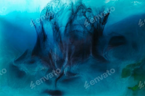 Preview: full frame image of mixing of blue, black, turquoise and green paints splashes in water