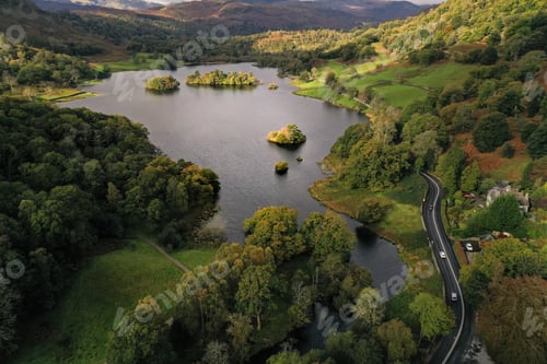 Preview: An aerial landscape of Rydal Water in the Lake District UK in a picturesque scenic view