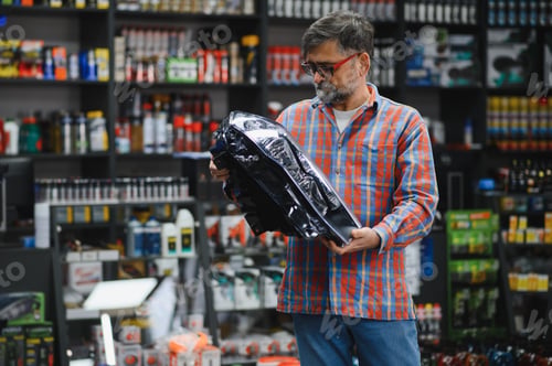 Preview: Salesman holding car headlight in auto parts store