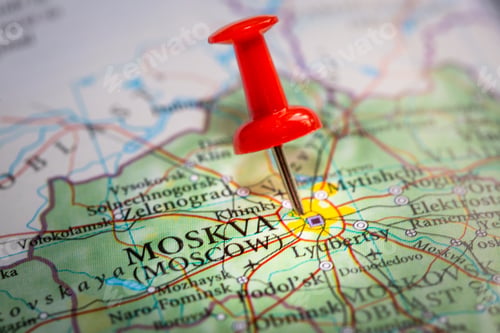Preview: Red push pin on close up map of Moscow in Russia