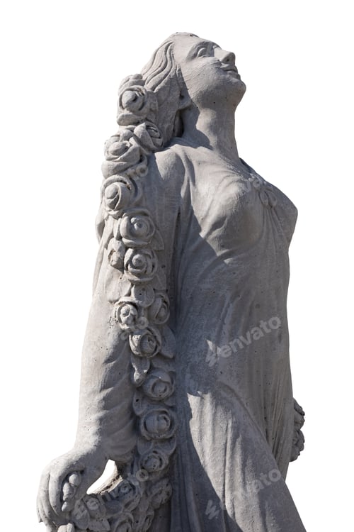 Preview: Side view of stone sculpture of woman looking up on white background