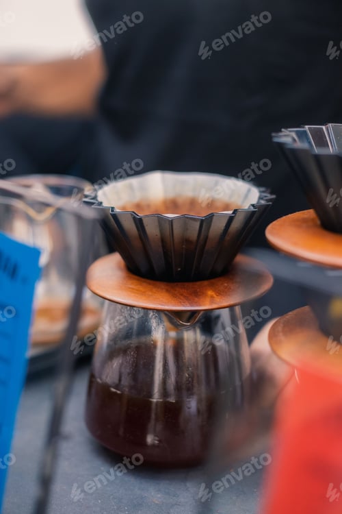 Preview: Vertical shot of a process of making an expresso coffee with an equipment
