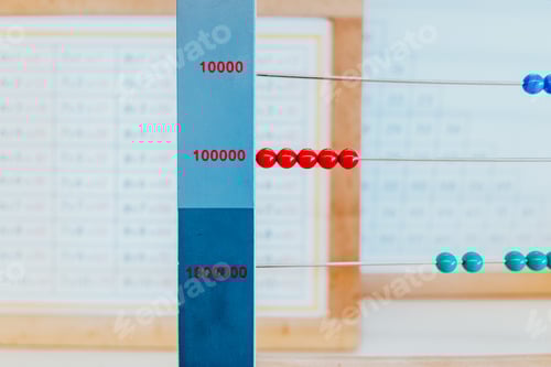 Preview: Detail of a montessori abacus with thousands written to learn how to count and add.