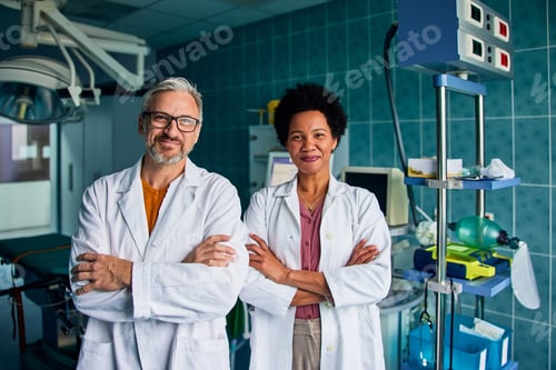 Preview: Portrait of a smiling female African and senior male doctors with hands crossed.