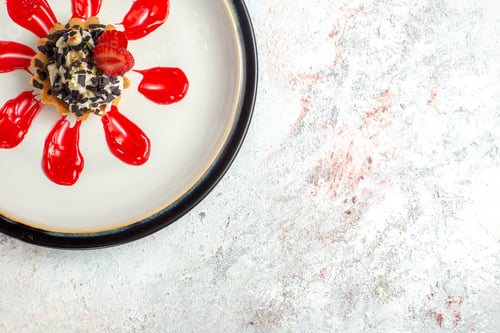 Preview: top view little cake with chocolate chips and red icing on white background cake pie sweet fruits