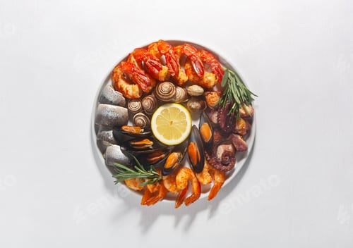 Preview: Seafood charcuterie board with shrimp, oysters, fish and octopus