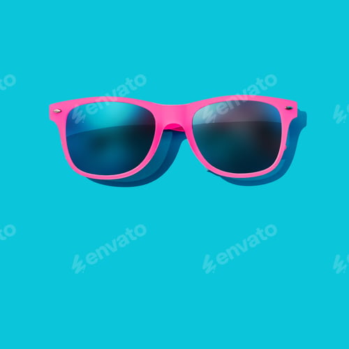 Preview: Pink sunglasses on pastel blue background. Minimal summer concept. Flat lay.