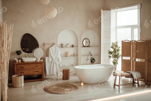 Preview: Soft native hues organic shapes look of bathroom with big window