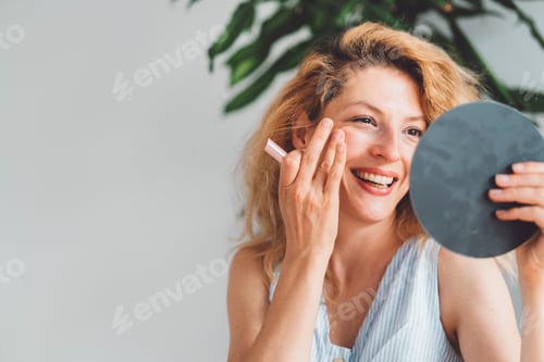Preview: Smiling woman doing her make up looking at her self in a mirror she is holding up