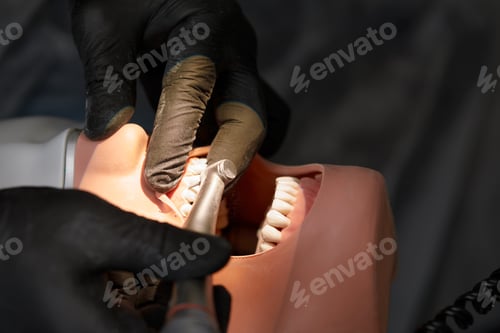 Preview: Close-up of dentist hands who is learning to treat teeth on mannequin of human head. Hands of a