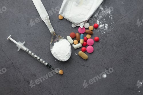 Preview: high angle view of heroine, spoon and syringe on table