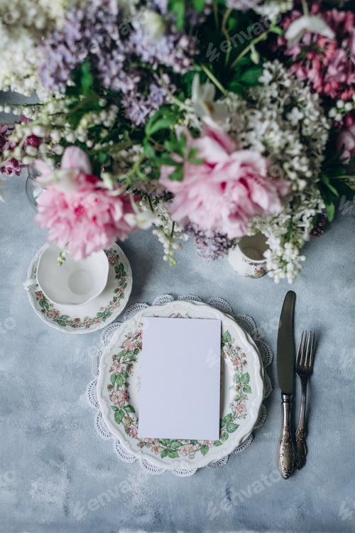 Preview: White card on plate background, menu Card mockup, Table Number mockup, postcard mockup