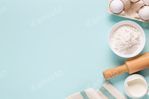 Preview: Baking or cooking background. Ingredients, kitchen items for baking.