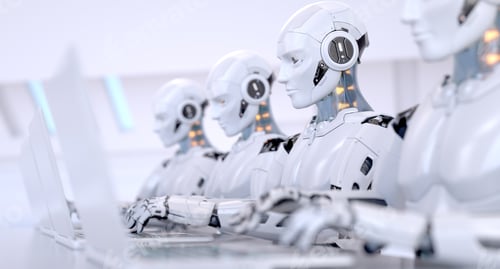 Vista previa: Cuatro robots que trabajan con una computadora portátil
