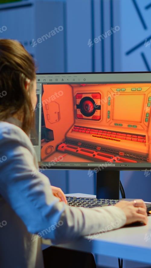 Preview: Woman game sotware developer testing new game overtime at night