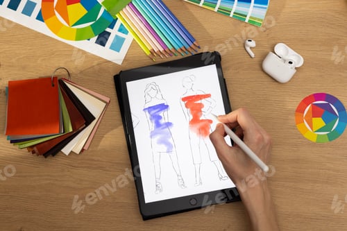 Preview: Designer working on a graphic tablet at a desk. Creative creation of graphic design, artist