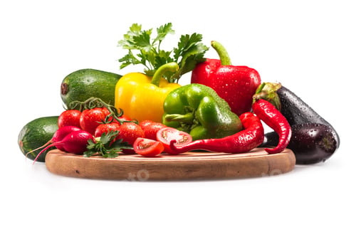 Preview: different fresh vegetables on wooden cutting board, isolated on white