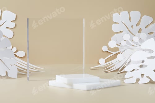 Preview: beige scene with empty white square podium and paper cut leaves