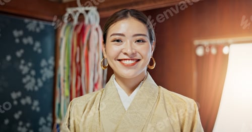 Preview: Portrait, Japanese woman and kimono fashion for traditional ceremony, indigenous style and mindfuln