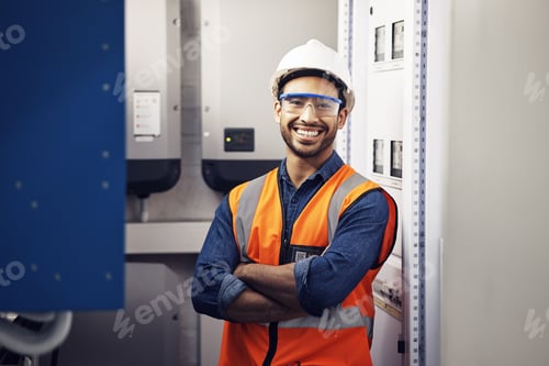 Preview: Portrait, happy man and engineering technician in control room, inspection service or industry main