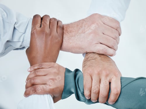 Preview: Teamwork, hands connect and business people for collaboration, support and community in office. Par