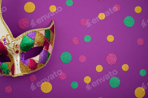 Preview: Festive, colorful mardi gras or carnivale mask and accessories. Party invitation, greeting card