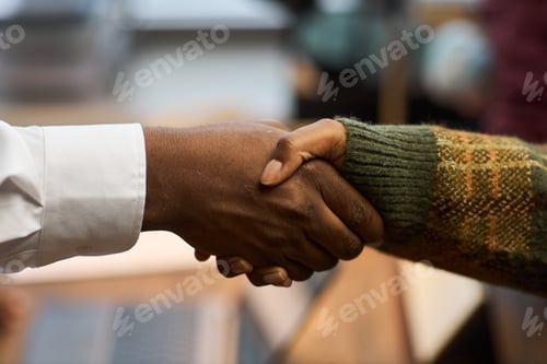 Preview: Middle Aged Black Man Shaking Hands with Middle Aged Caucasian Woman Indoors