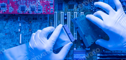 Preview: hands holding the electronic components working on the electronic research in laboratory, developing