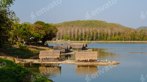 Preview: morning at Huai Krathing lake in North Eastern Thailand Isaan , famous for its floating bamboo rafts
