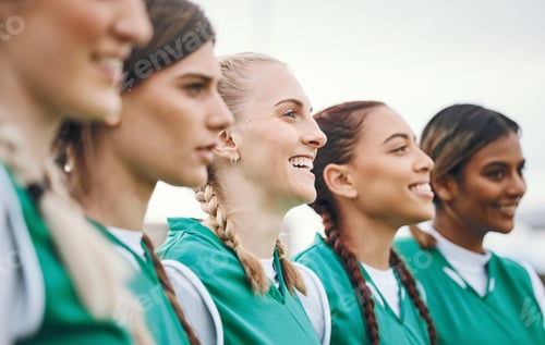 Preview: Women, fitness team and huddle smile with sport field with mockup space outdoor. Community, solidar