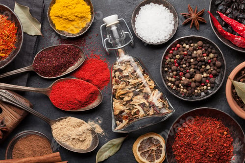 Preview: Various spices in bowls and spoons