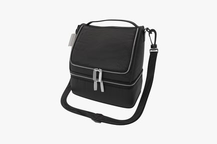 Preview: Black rectangular messenger bag with silver buckles and brand tag