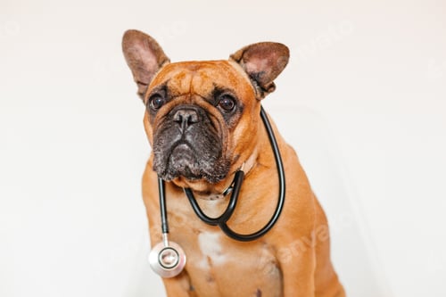 Preview: french bulldog at home. Wearing a veterinarian stethoscope. Pets care and veterinarian concept