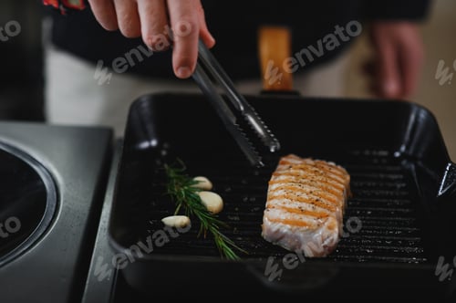 Preview: Chef cooks pork steak. Recipe book, cooking, restaurant business