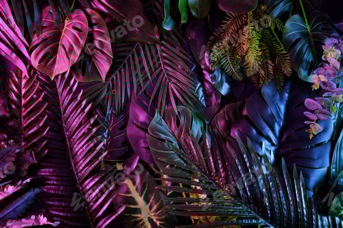 Preview: Tropical dark trend jungle in neon illuminated lighting for background.