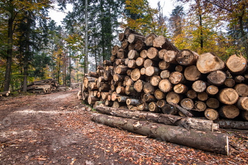 Preview: Timber harvesting. A lot of logs lying on the ground in forest