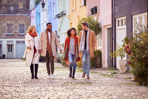 Preview: Multi Cultural Couple With Friends Walking Along Residential City Street In Fall Or Winter