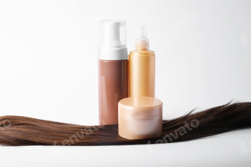 Preview: Hair strand and cosmetic products on white background