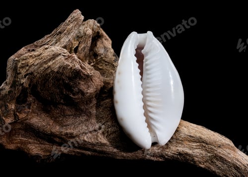 Preview: Naria erosa cowry on driftwood black background