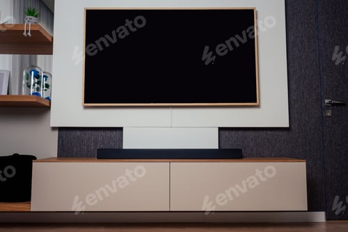 Preview: Modern living room with wood floor and home movie theater blurred background