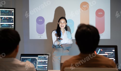 Preview: Asian businesswoman presenting charts in late-night team project meeting