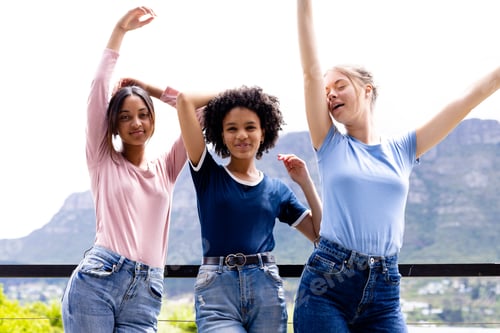 Preview: Image of three diverse women in t shirts with copyspace and denim trousers with nature background