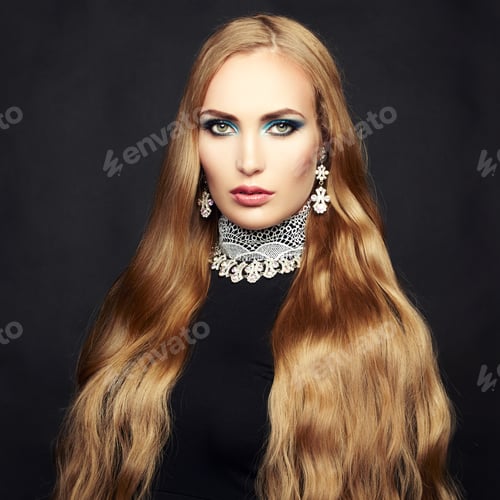 Preview: Photo of beautiful woman with magnificent hair. Perfect makeup
