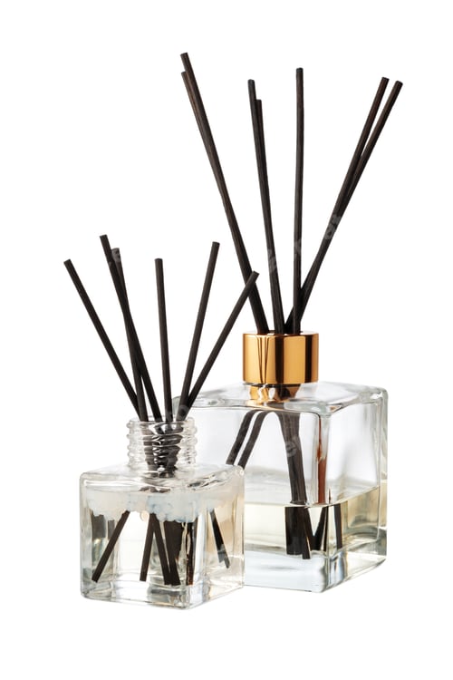 Preview: Aromatic diffuser bottle with sticks isolated on white background