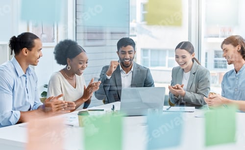 Preview: Applause, celebrating and winning market team of employees with good news during a meeting in a boa